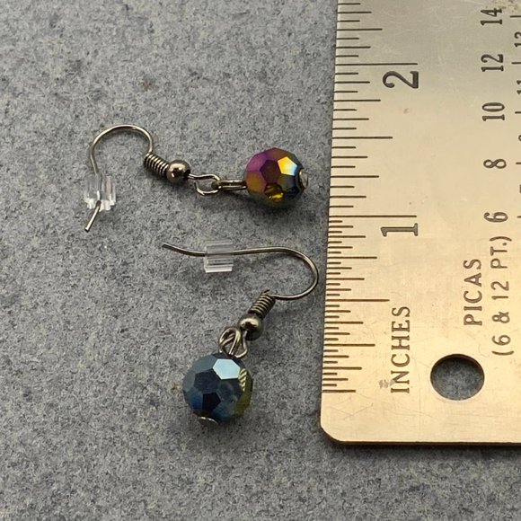 Iridescent Faceted Multicolor Earrings Silver Hook Pierced Dangle - Picture 4 of 4